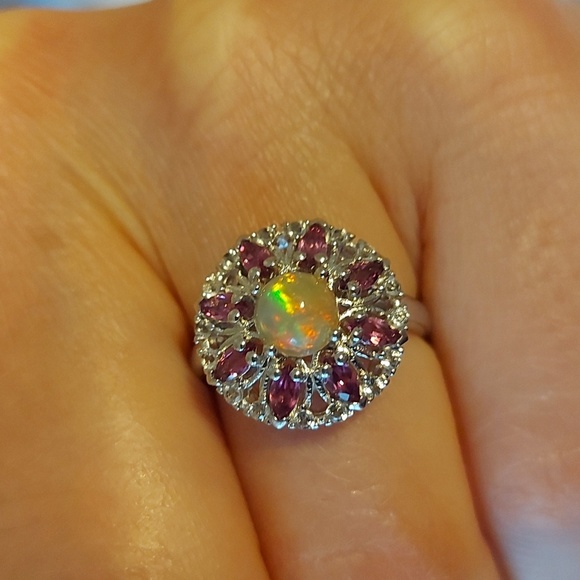 Natural Fire Opal 6mm, Rhodolite & White Topaz 925 Sterling Silver Ring Sz 6.75 - Picture 4 of 4